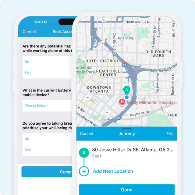 GetHomeSafe risk assessment and journey planning screens for lone workers in the United States