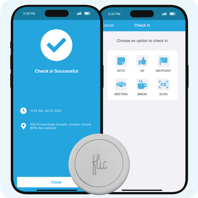 GetHomeSafe smartphone check-in screen paired with a wearable Flic button for discreet alerts