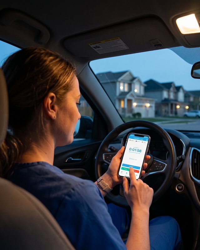 Care worker in her car at night using the app before driving home
