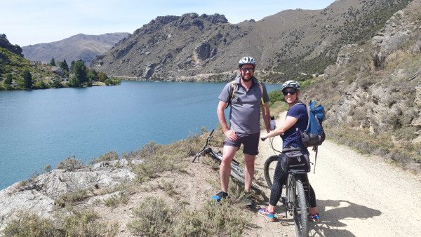 Boyd and Amanda biking on the Dunstan Cycle Trail in Central Otago