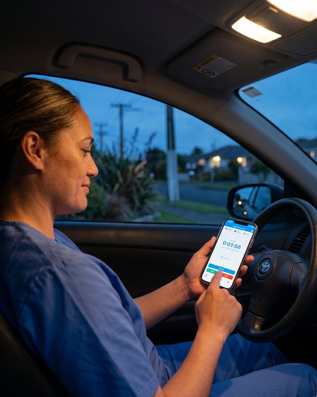 Care worker in her car at night using the app before driving home