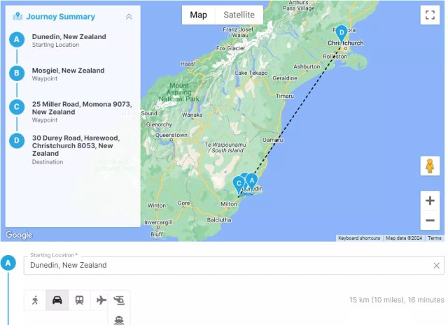 Multi-modal summer journey with waypoints showing break stops, cars, boats and flights