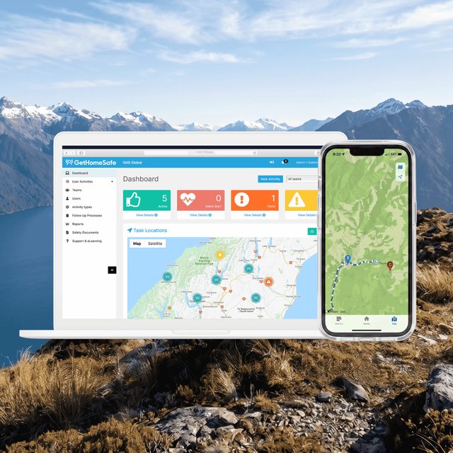 The GetHomeSafe dashboard on a laptop beside a phone showing a tracked route on a map, against a remote mountain landscape