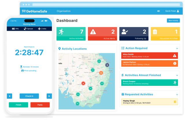 GetHomeSafe supervisor dashboard tracking land and environmental professionals across an Australia map view