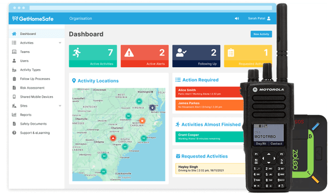 GetHomeSafe supervisor dashboard tracking out-of-coverage workers across a United States map view