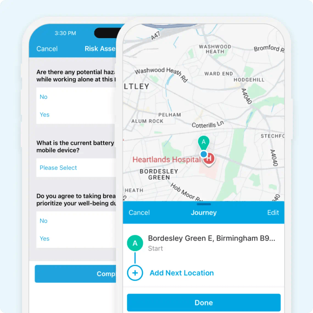 GetHomeSafe risk assessment and journey planning screens for lone workers in the United Kingdom