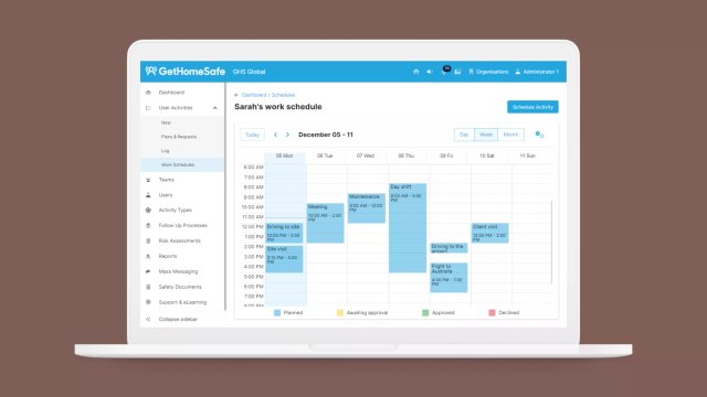 GetHomeSafe scheduling calendar displaying upcoming planned activities for each user