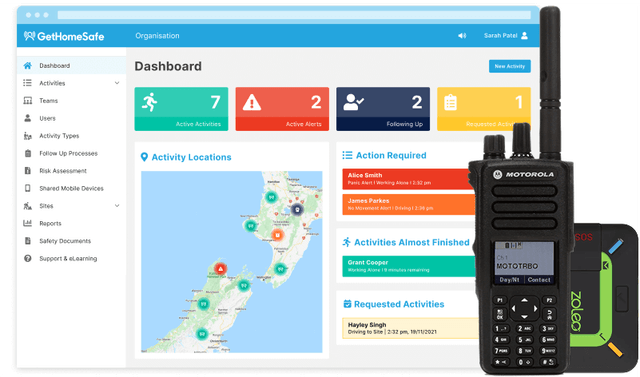 GetHomeSafe supervisor dashboard tracking out-of-coverage workers across a New Zealand map view