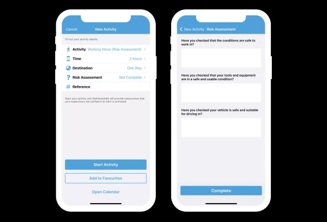 GetHomeSafe Dynamic Risk Assessment tool guiding a lone worker through prestart questions