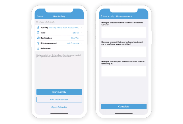 GetHomeSafe Dynamic Risk Assessment tool guiding a lone worker through prestart questions