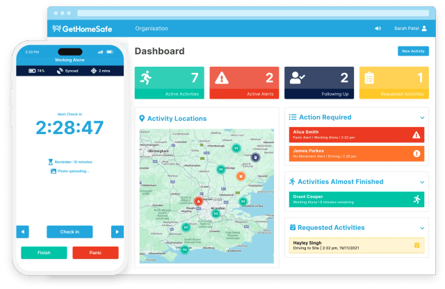 GetHomeSafe supervisor dashboard tracking land and environmental professionals across a United Kingdom map view