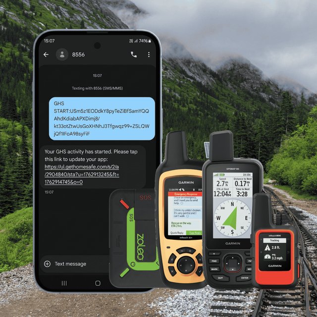 A phone showing a GetHomeSafe activity started by SMS, beside Zoleo and Garmin inReach satellite communicators