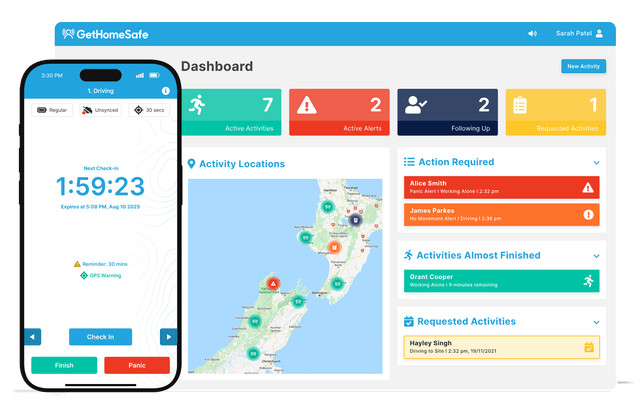 GetHomeSafe situational awareness map showing real-time GPS locations of workers in the field