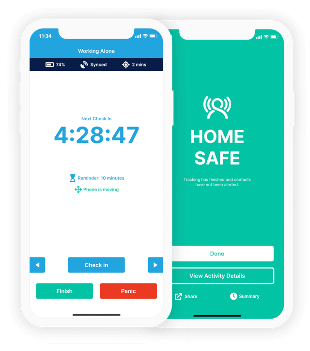 Two GetHomeSafe app screens: a Working Alone check-in countdown with Check in, Finish and Panic buttons, and a Home Safe screen confirming tracking has finished