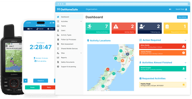 GetHomeSafe supervisor dashboard tracking remote workers across a New Zealand map view
