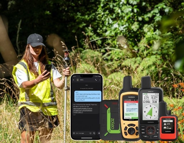Photo of worker in hi vis and overlay of GetHomeSafe satellite integrations