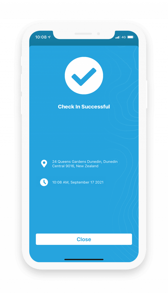 GetHomeSafe iOS app showing a successful check-in confirmation