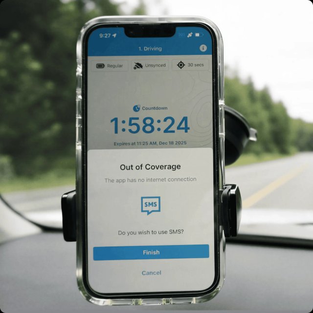 GetHomeSafe app screen showing out-of-coverage status with SMS welfare event support
