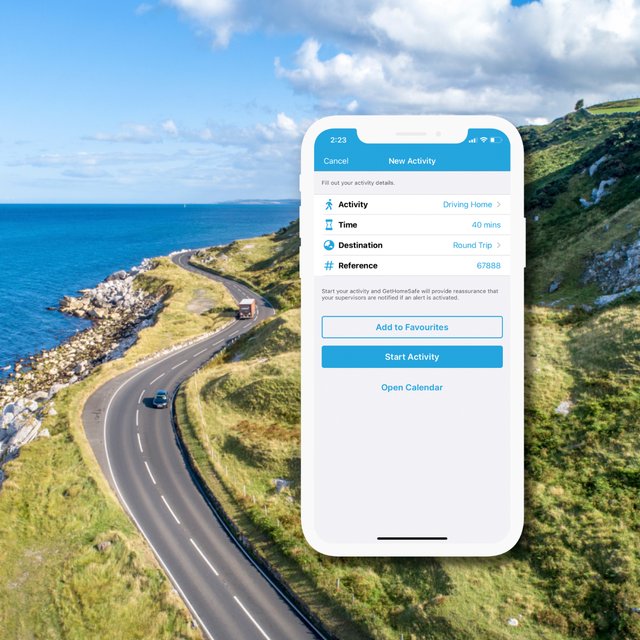 A GetHomeSafe new activity screen for a 40 minute round trip drive home, over an aerial view of a coastal road