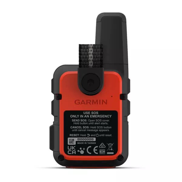 Garmin inReach Mini 2 satellite communicator clipped to a backpack strap
