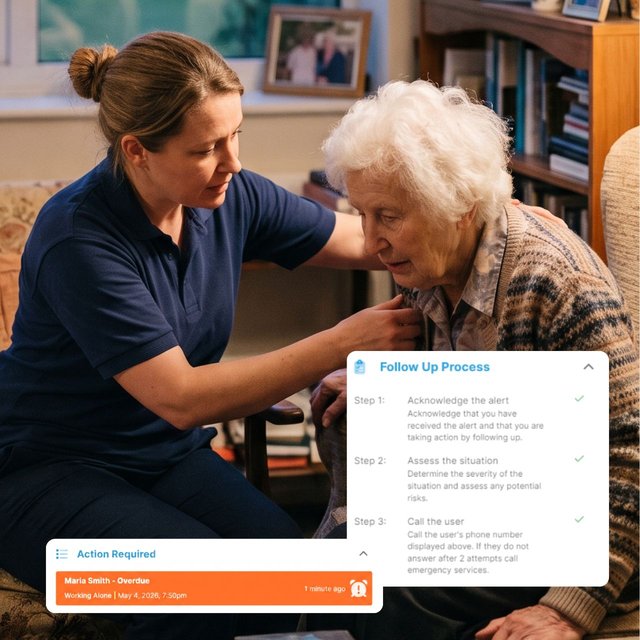 A healthcare worker supporting an elderly client at home, overlaid with a GetHomeSafe overdue alert and its three-step follow-up process
