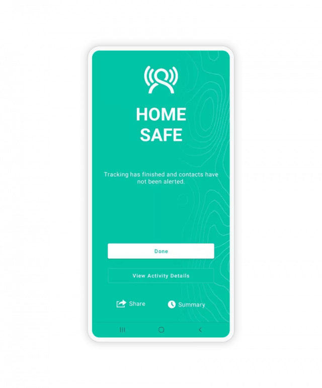 GetHomeSafe Android app showing the home safe check-in confirmation screen