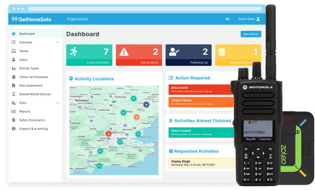 GetHomeSafe supervisor dashboard tracking out-of-coverage workers across a United Kingdom map view