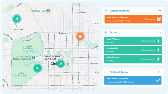 GetHomeSafe dashboard showing live GPS tracking and welfare check-in status for remote workers