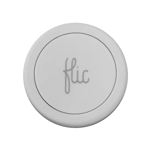 Flic Bluetooth panic button shown alongside a smartphone running the app