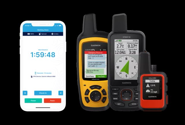 GetHomeSafe app shown alongside supported satellite communication devices for lone workers