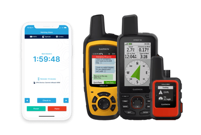GetHomeSafe app shown alongside supported satellite communication devices for lone workers