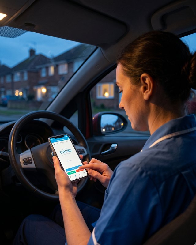 Care worker in her car at night using the app before driving home