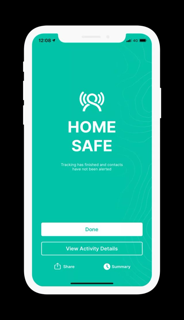 GetHomeSafe iOS app showing the home safe check-in confirmation screen