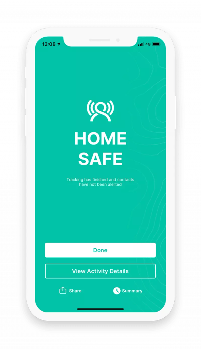 GetHomeSafe iOS app showing the home safe check-in confirmation screen