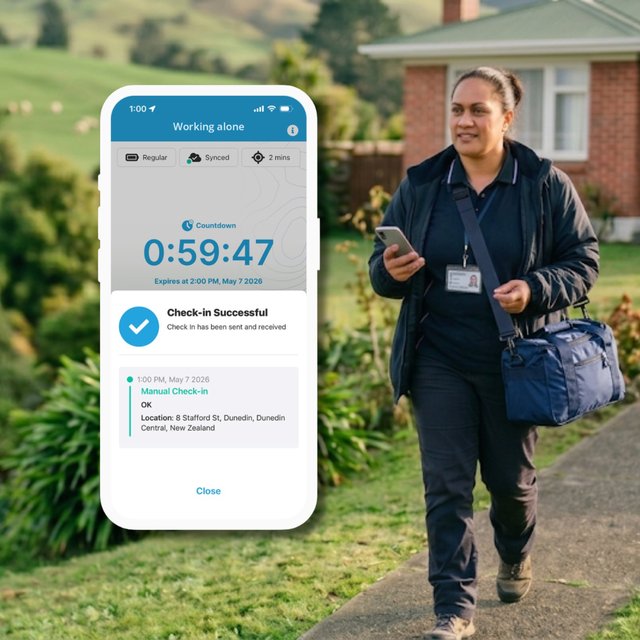 A community health worker walking up a path carrying her bag, overlaid with a GetHomeSafe check-in countdown and a successful check-in