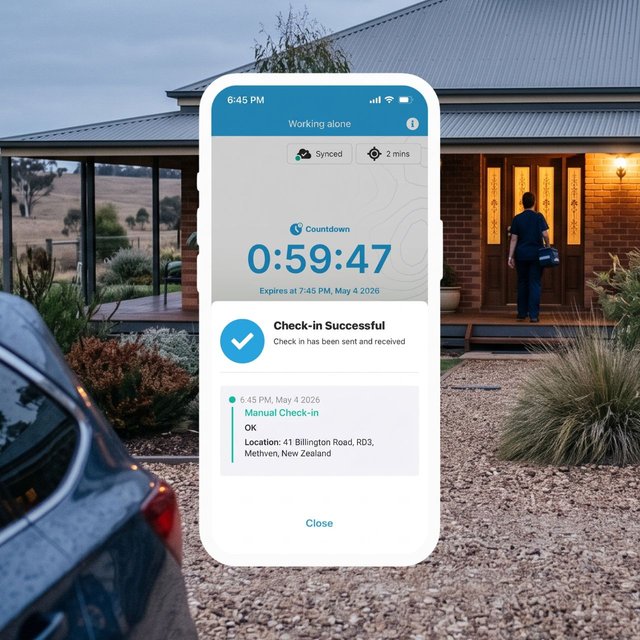 A healthcare worker walking to a client front door at dusk, overlaid with a GetHomeSafe check-in countdown and a successful manual check-in