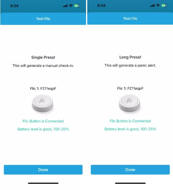 GetHomeSafe app showing an alert triggered discreetly by a Flic2 button press