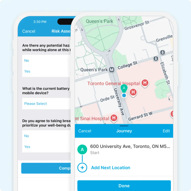 GetHomeSafe risk assessment and journey planning screens for lone workers in Canada