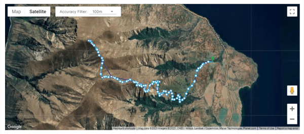 GetHomeSafe activity map showing combined cell and satellite tracking on Isthmus Peak hike