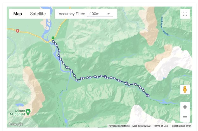 GetHomeSafe activity screenshot logging the Copland Track hike with route and check-ins